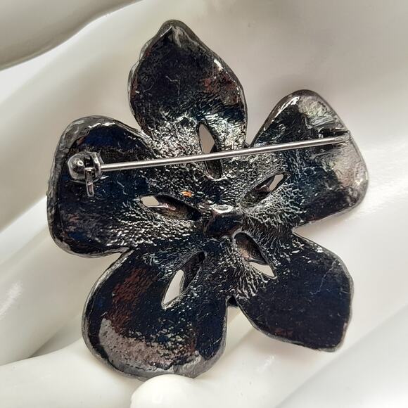 Vintage Red Rhinestone Black Metal Flower Brooch, 2" - Picture 4 of 10